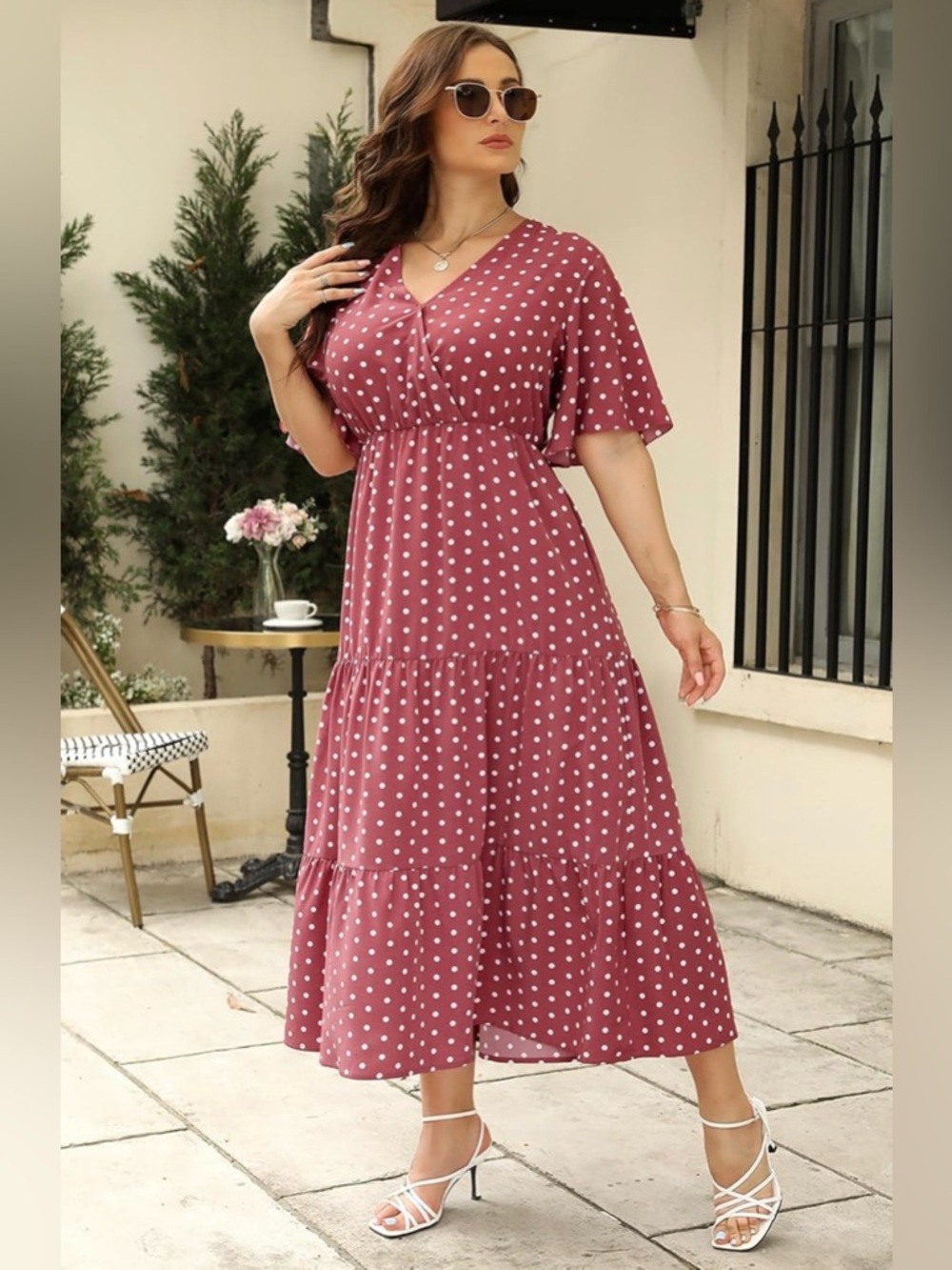 Polka Dot V-Neck Midi Dress in Dusty Rose
